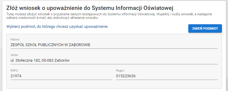 okno złożenia wniosku o upoważnienie do SIO do wybranej placówki