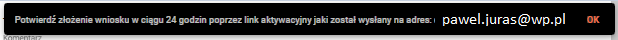 potwierdzenie wysłania wiadomości na adres email podany we wniosku
