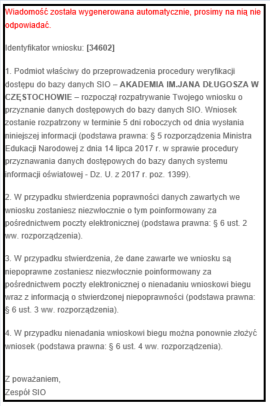 wiadomość potwierdzająca rozpoczęcie rozpatrywania wniosku