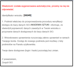 wiadomość potwierdzająca zaakceptowanie wniosku