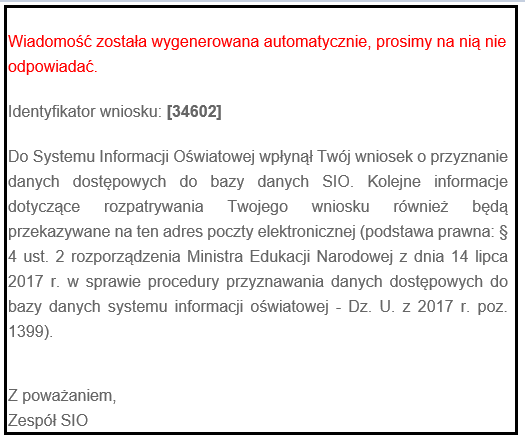wiadomość potwierdzająca złożenie wniosku
