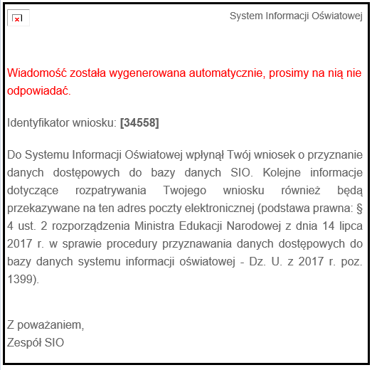 wiadomość potwierdzająca złożenie wniosku