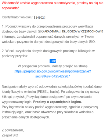 wiadomość z linkiem do pobrania danych dostępowych
