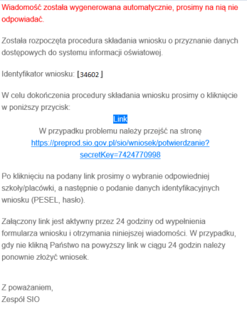 wiadomość z linkiem do potwierdzenia złożenia wniosku