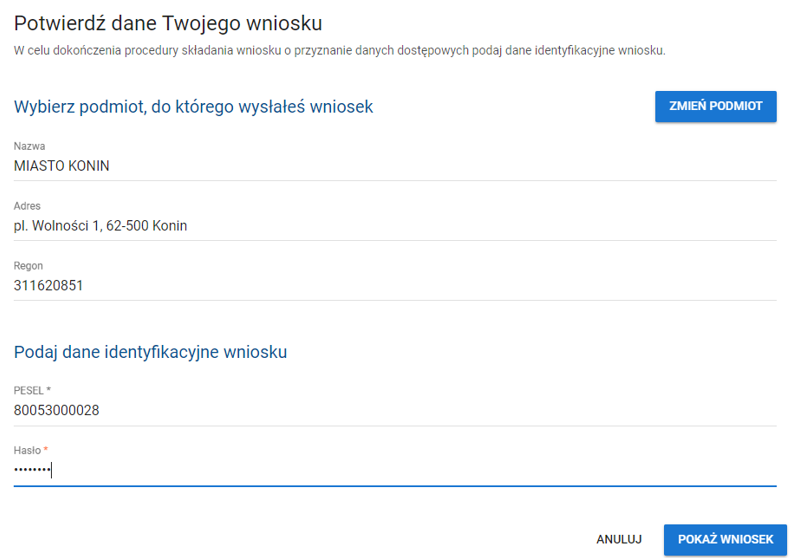 widok formularza potwierdzenia danych wniosku