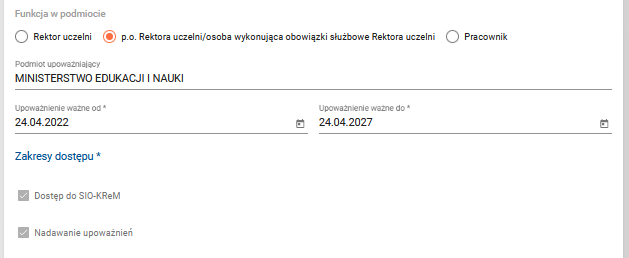 Widok formularza wniosku z polami do wykazania funkcji Rektora, dat ważności wniosku, zakresami