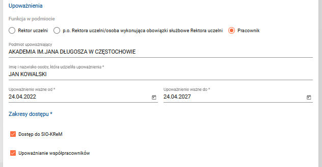 Widok formularza wniosku z polami do wykazania funkcji pracownika, dat ważności wniosku, zakresami