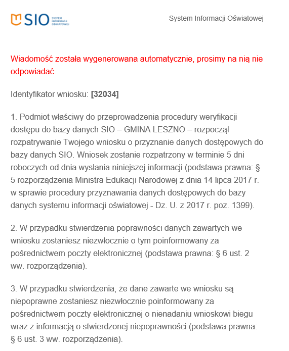 Widok na treść kolejnej wiadomość wpływającej na e-mali wnioskującego z informacją o rozpoczęciu rozpatrywania upoważnienia nr 1