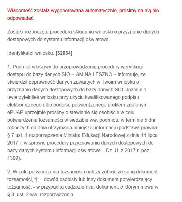 Widok na treść wiadomość wpływającej na e-mali wnioskującego z informacją o poprawnym złożeniu wniosku nr 1
