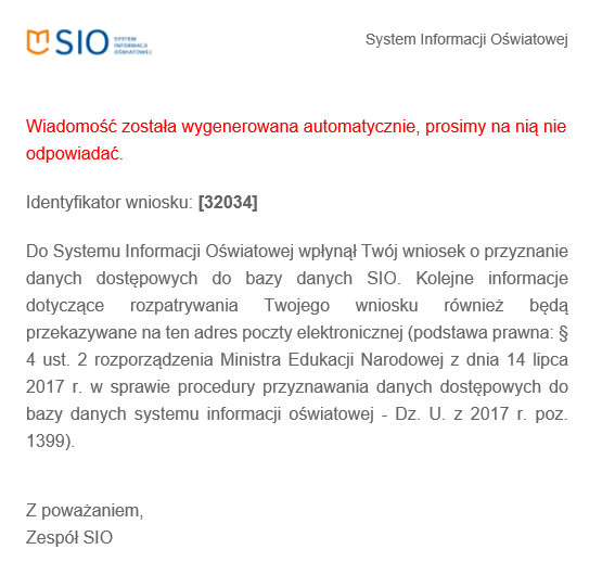 Widok na treść wiadomości wpływającej na e-mail wnioskującego z informacją o wpłynięciu wniosku do systemu