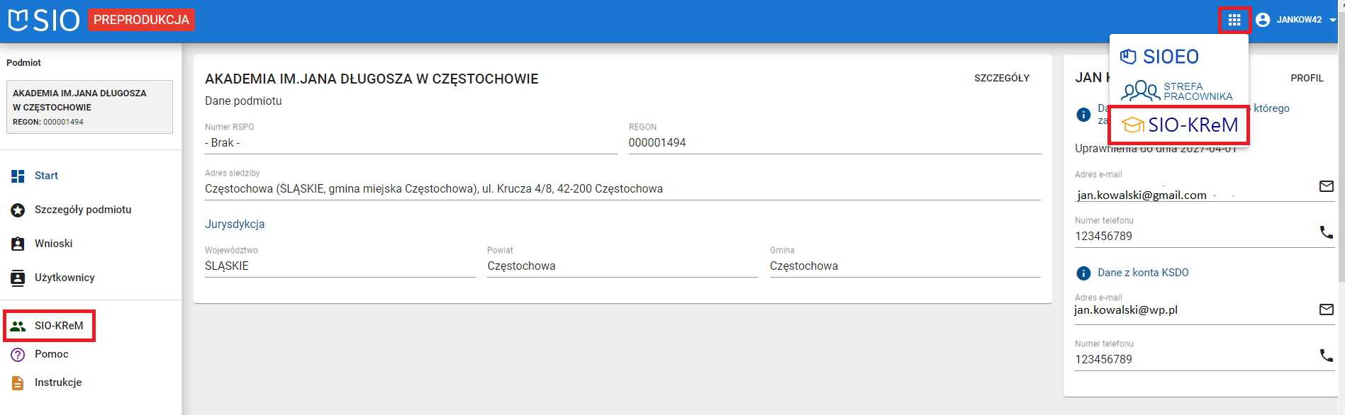 widok na zaznaczone przejście do systemu SIO-KREM