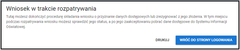 widok okna po potwierdzeniu złożenia wniosku
