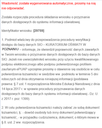 widok wiadomości informującej o kolejnym statusie wniosku część 1.