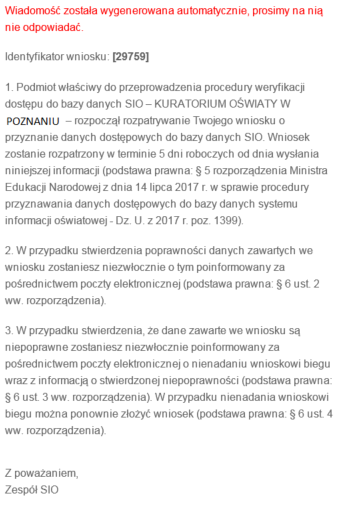 widok wiadomości potwierdzającej złożenie wniosku