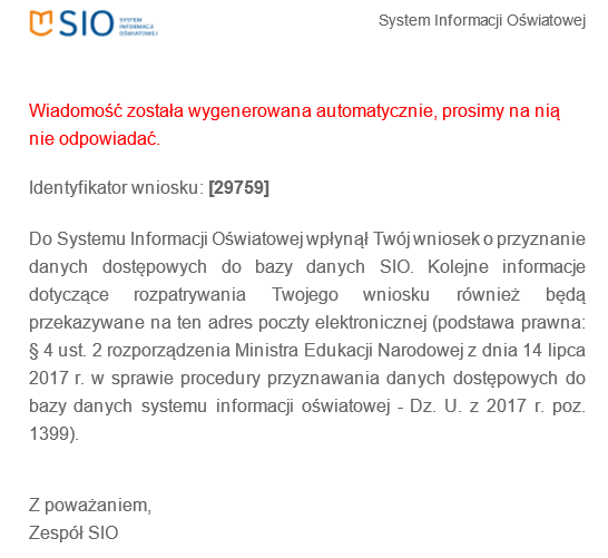 widok wiadomości potwierdzającej złożenie wniosku