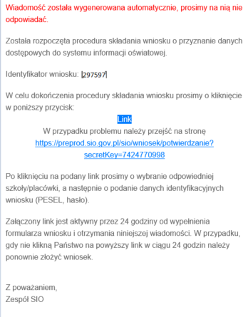 widok wiadomości z linkiem do potwierdzenia złożenia wniosku