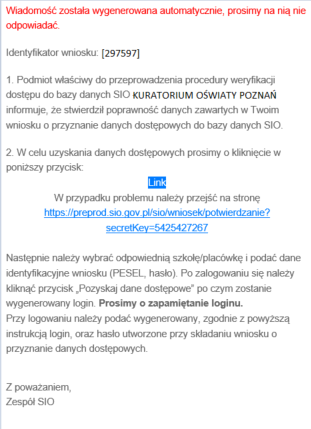 widok wiadomości zawierającej link do pobrania danych dostępowych