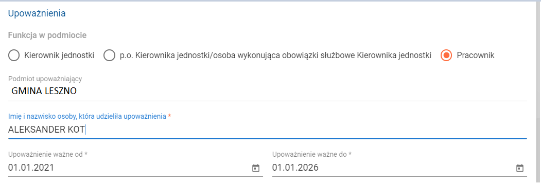 Widok z funkcją Pracownika do zaznaczenia i polami do wprowadzenia dat ważności upoważnienia