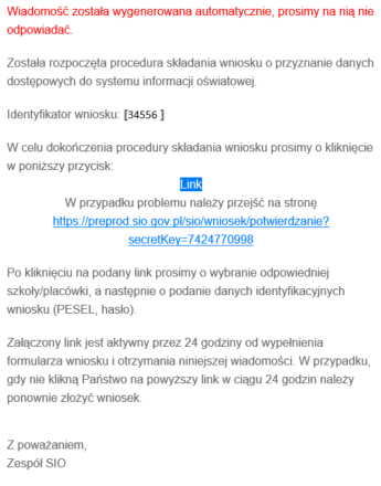 wniosek z linkiem do potwierdzenia złożenia wniosku