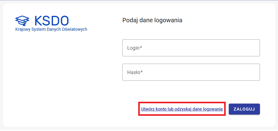 zaznaczona opcja "Utwórz konto lub odzyskaj dane logowania"