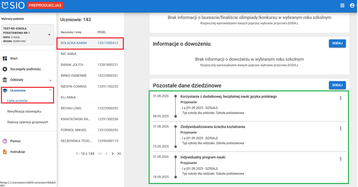 Lista wykazanych danych dziedzinowych ucznia 