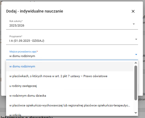 okno danych indywidualnego nauczania z zaznaczonym miejscem prowadzenia zajęć