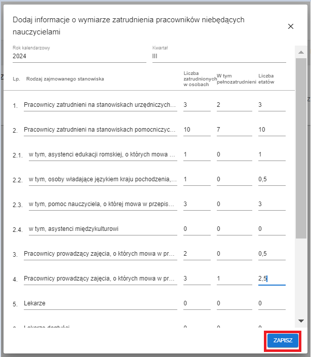 okno dodaj informacje o wymiarze zatrudnienia pracowników niebędących nauczycielami z oznaczonym przyciskiem zapisz