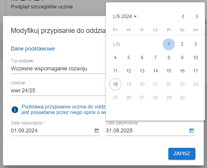okno modyfikacji przypisania , ze wskazaniem innej dany niż zakończenie roku szkolnego 
