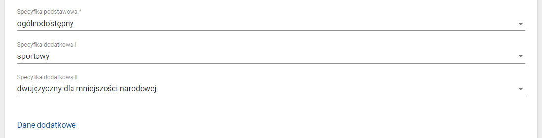 Okno z formularza rejestracji oddziału z wypełnionymi polami - specyfika podstawowa , specyfika dodatkowa nr 2