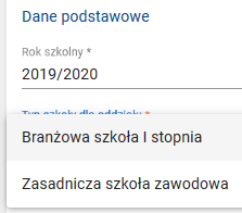 Okno z podziałem na typ szkoły dla oddziału