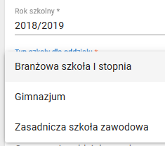 Okno z podziałem na typ szkoły dla oddziału