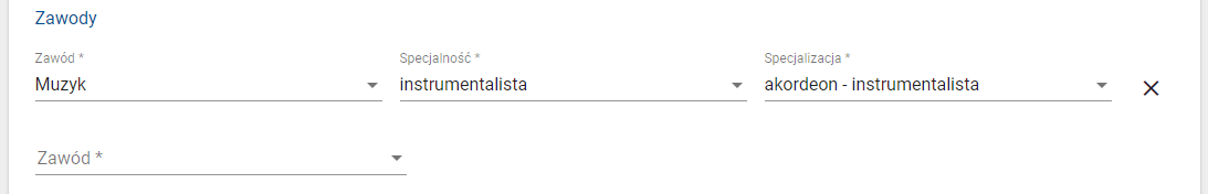 Okno z polami do wykazania -zawód, specjalność, specjalizacja