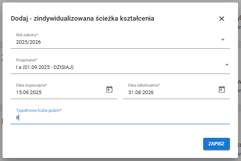 Okno z przykładem dodania zindywidualizowanej ścieżki kształcenia  