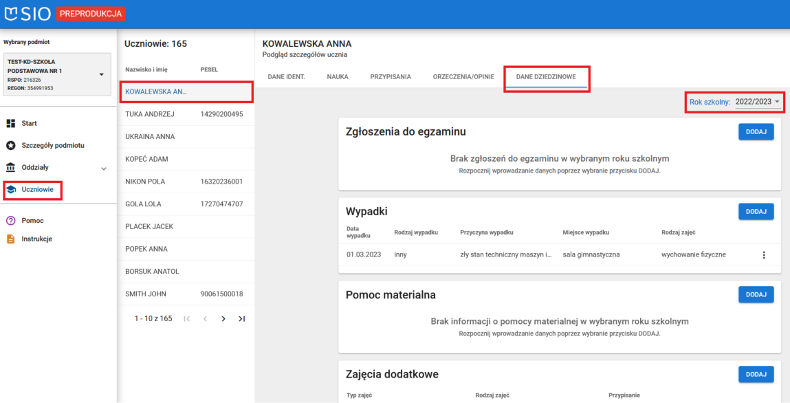 Okno z widokiem na dane dziedzinowe po wybraniu ucznia z listy