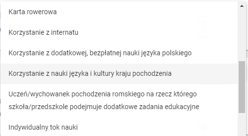 Okno z widokiem na listę pozostałych danych dziedzinowych do wyboru