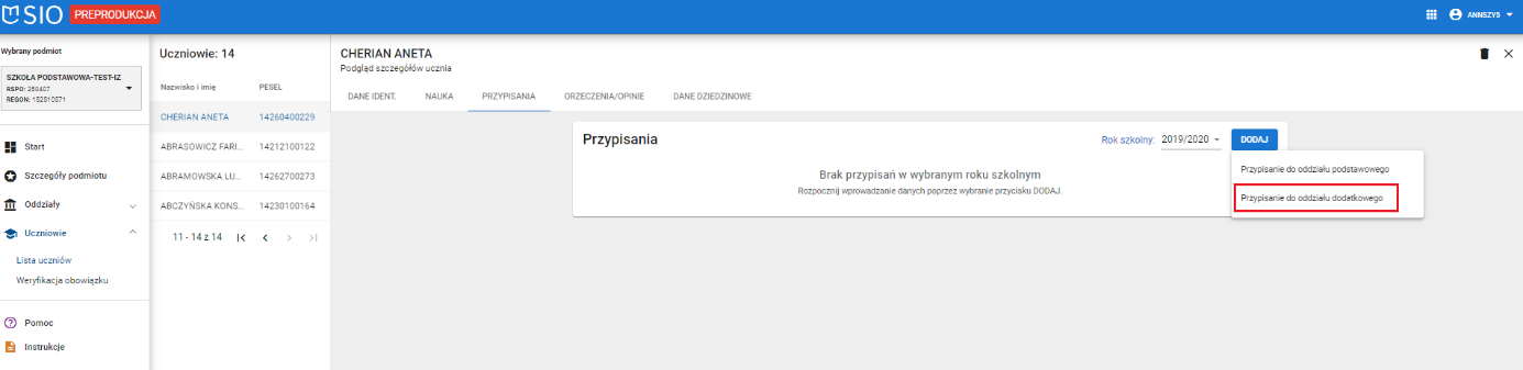 okno z widokiem na miejsce dodania przypisania do oddziału dodatkowego wybranego ucznia