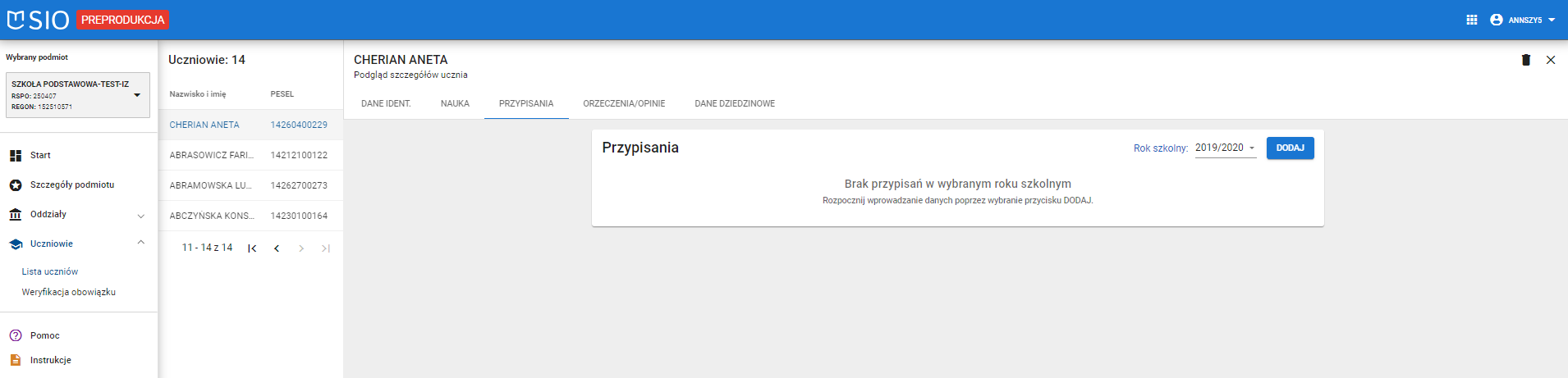 okno z widokiem na miejsce dodania przypisania do oddziału wybranego ucznia