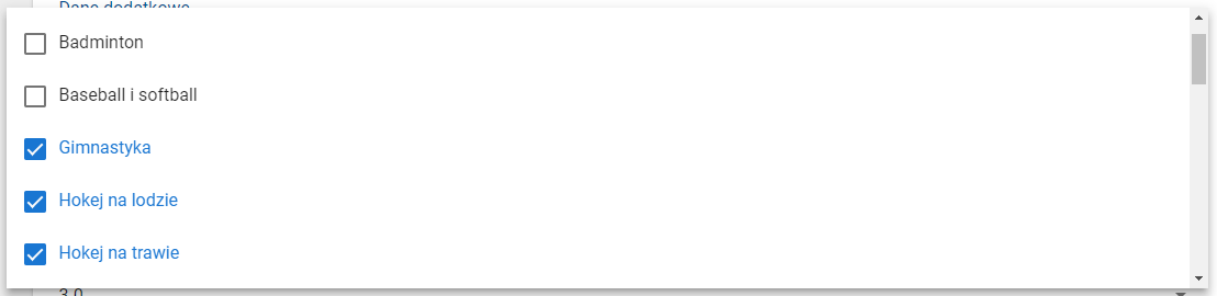 Okno z widokiem na wskazane w oddziale dyscypliny sportowe