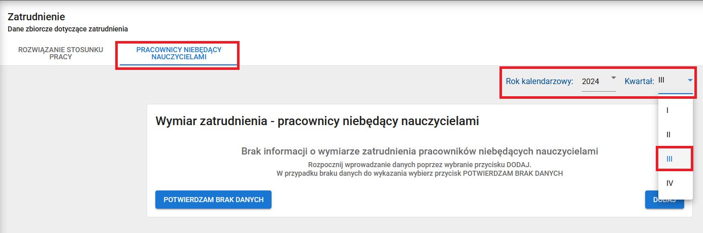 okno z widokiem na zakładkę pracownicy niebędący nauczycielami z oznaczoną możliwością wyboru roku oraz kwartału.