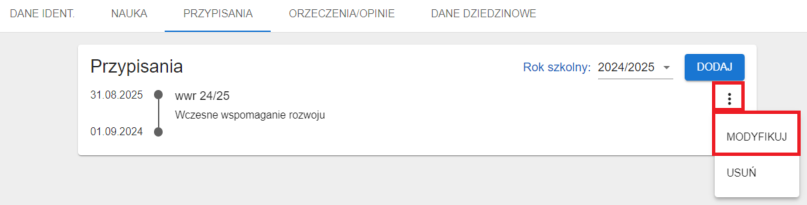 Okno z widokiem na zakładkę przypisania z możliwością modyfikowania wpisu