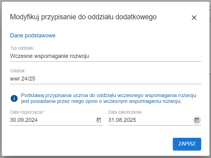 Okno z widokiem na zakładkę przypisania z możliwością modyfikowania wpisu
