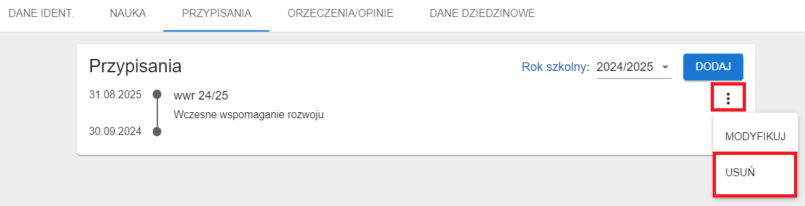 Okno z widokiem na zakładkę przypisania z możliwością usunięcia wpisu