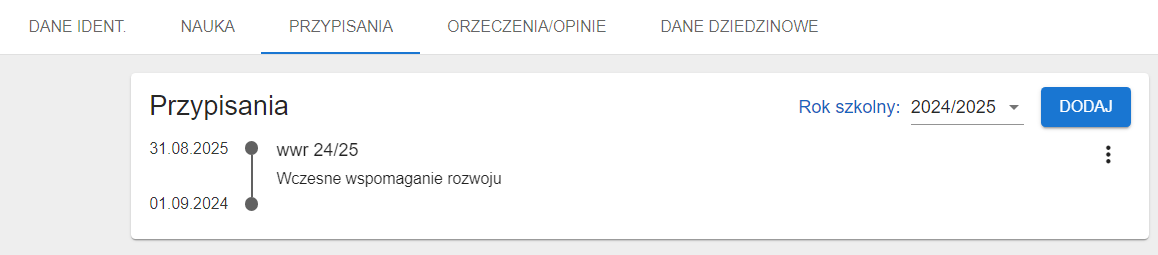 Okno z widokiem na zakładkę przypisania z możliwością modyfikowania wpisu