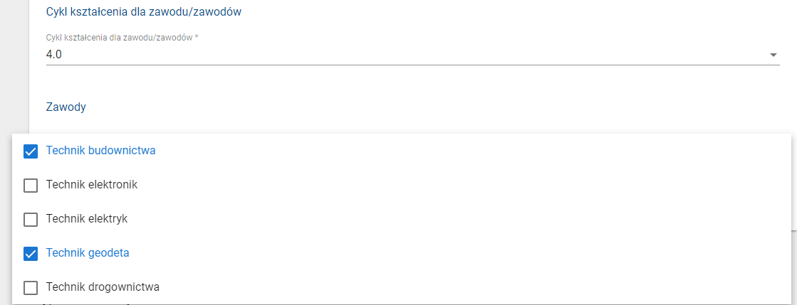 Okno z widokiem na zaznaczone nauczane w tym oddziale zawody