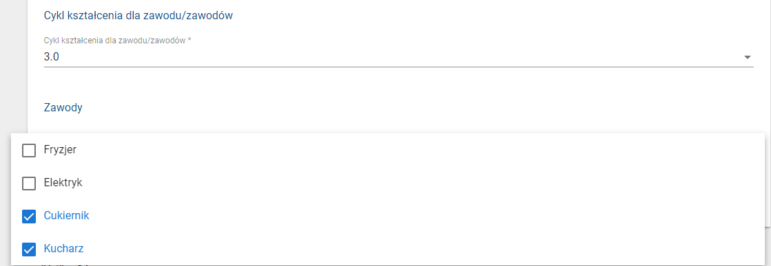 Okno z widokiem na zaznaczone nauczane w tym oddziale zawody
