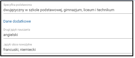 Okno z wyborem drugiego języka nauczania i języków obcych nowożytnych