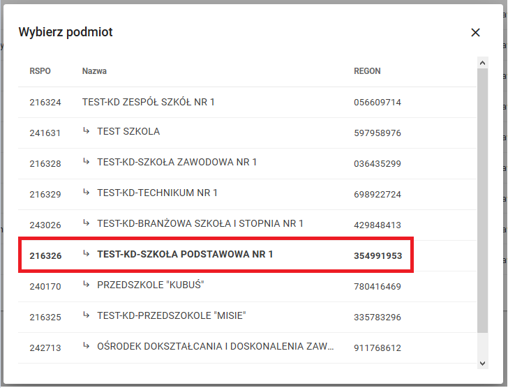 Okno z wybranym podmiotem ze struktury zespołu