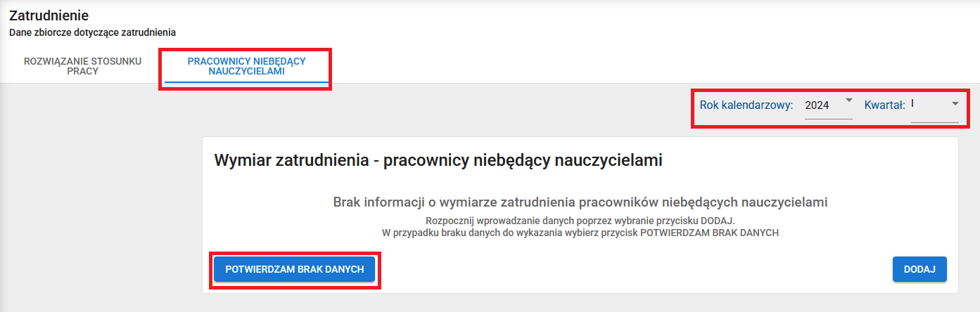 okno z zaznaczoną opcją potwierdzam brak danych