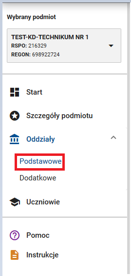 Okno z zaznaczoną zakładką oddziały podstawowe 