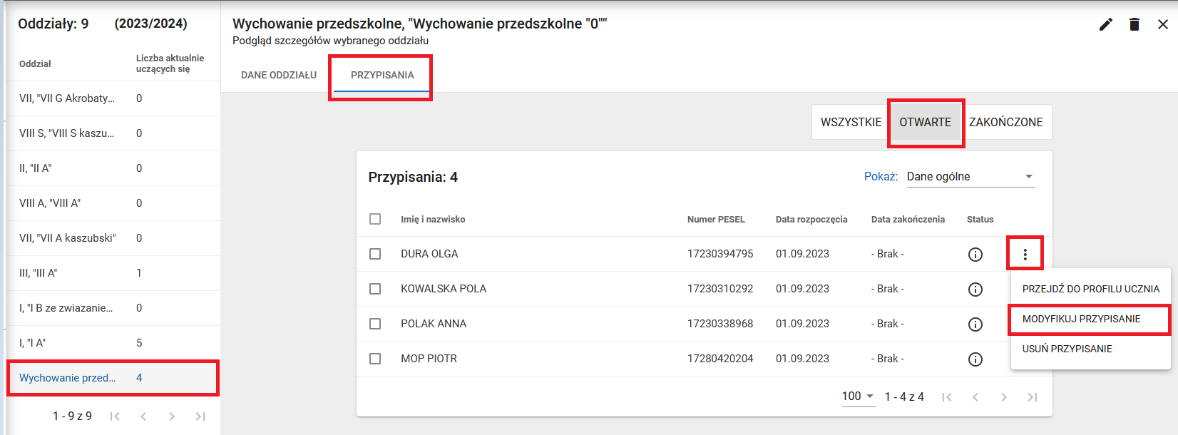 okno z zaznaczoną zakładką przypisania